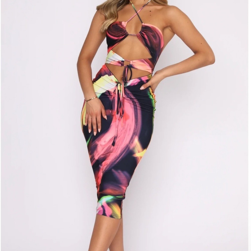 White Fox I Like That Midi Dress Digital Blur Print Cut Out Ruched Halter XL